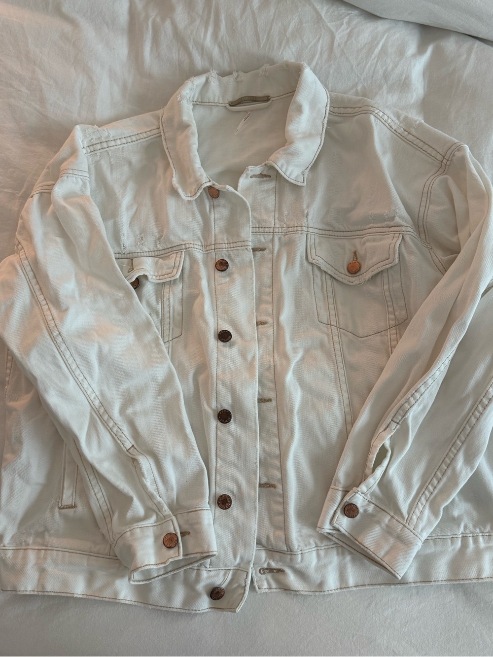 Free People Off-White Distressed Denim Jacket
